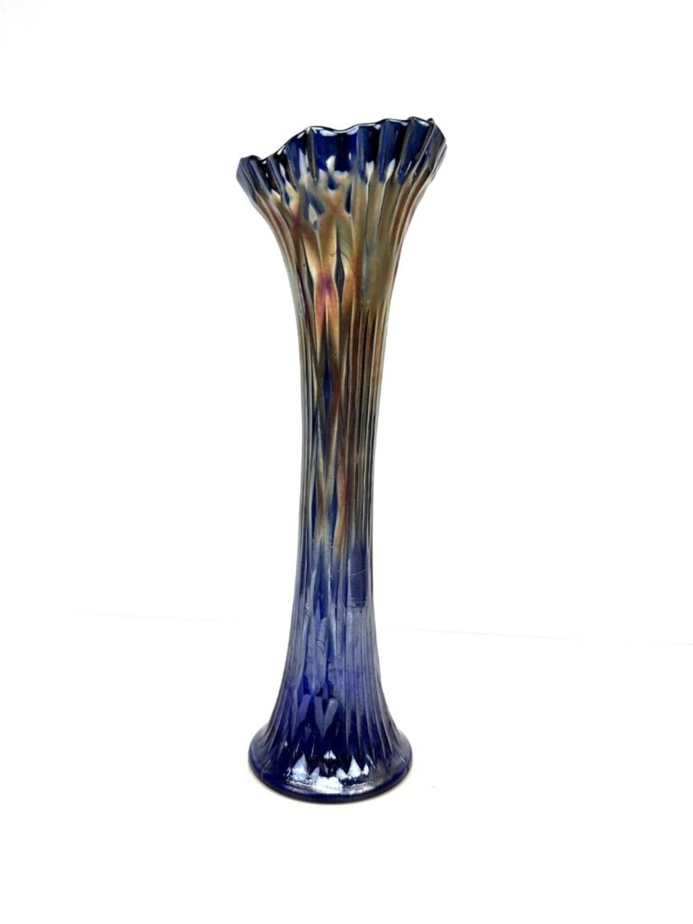 FENTON Antique April Showers Blue Iridescent Carnival Glass Tree Trunk Vase 13"